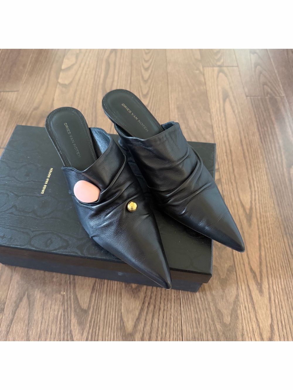 Dries Van Noten Black Leather Pointed Mule Slides, Shoes, Heels, Sandals
